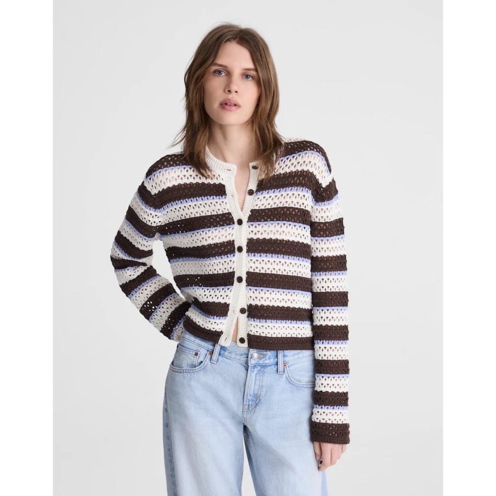 Madewell‎ Women Crochet Open Stitch Fisherman Cardigan Ivory Brown blue XL  NwT